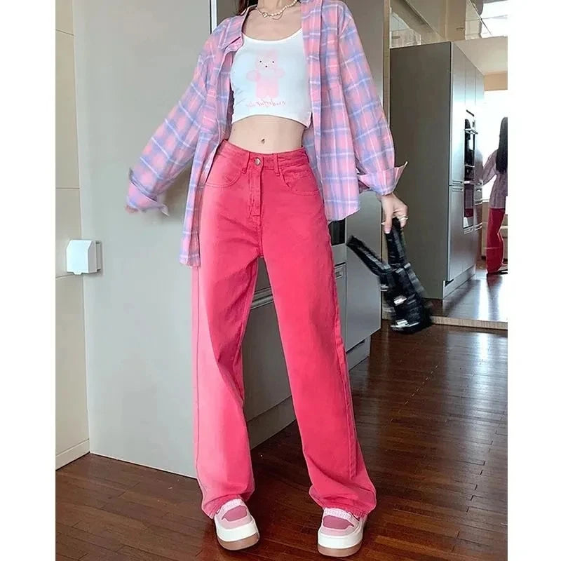 Vintage Streetwear Gradient Pink Jeans Women High Waist Straight Wide Leg Pants Straight Denim Female Trousers