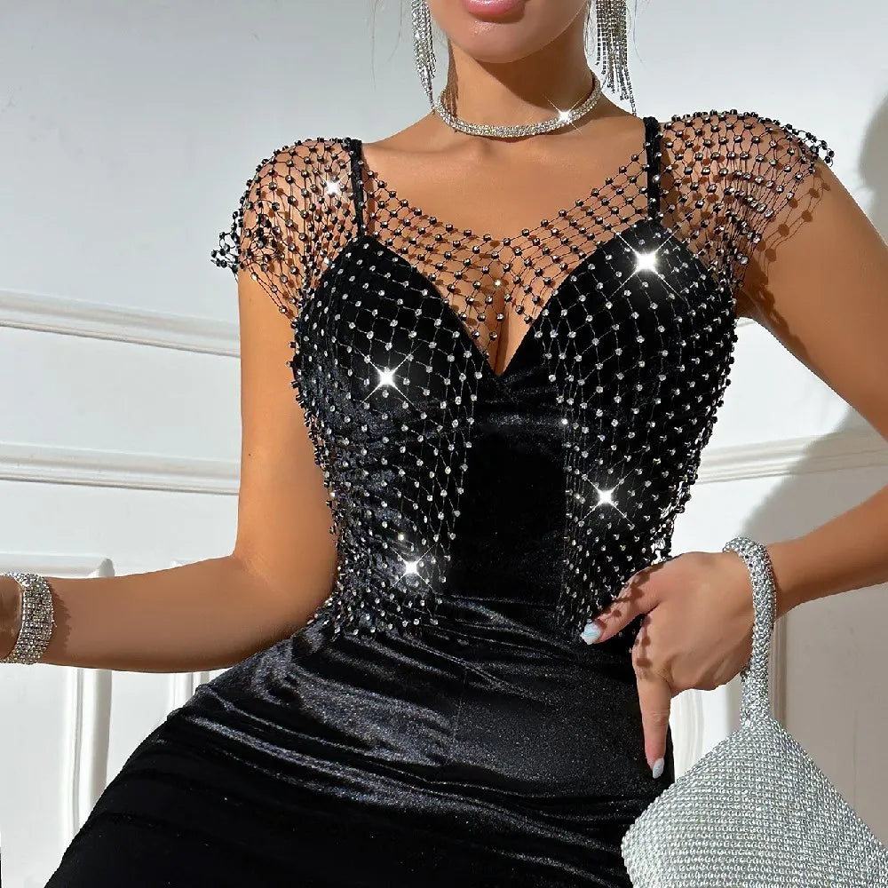 Sexy See Through Rhinestone Crop Top for Women 2023 Trendy Shiny Diamond Fishing net Tank Top Rave Night Club Outfits Short Top