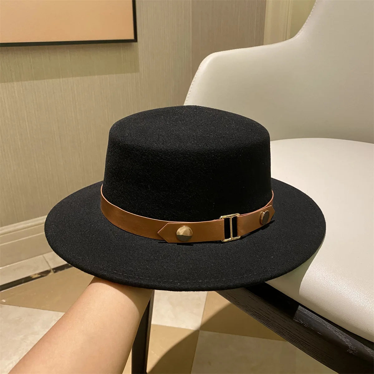 Autumn and Winter 100% Wool Hat Bell Hat Women's French Elegant Retro Hepburn Round Top Big brim Hat