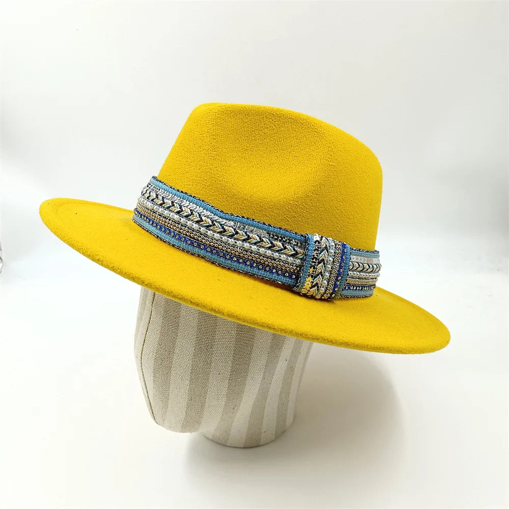 Blue Fedora Hat Pearl Rhinestone Design for Men and Women Panama Church Cap Fashionable Elegant Vintage Felt Hat fedoras