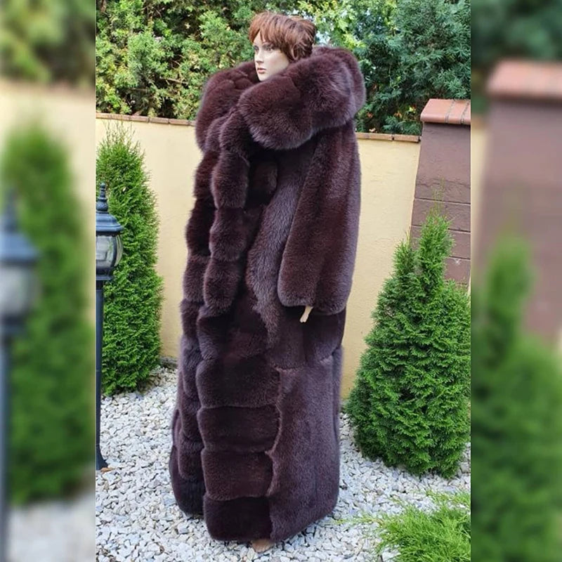 Genuine Full Pelt Fox Fur Jacket Women Winter Vintage Wine Red Hooded Straight Outertwear Luxury Real Fox Fur Coats Female