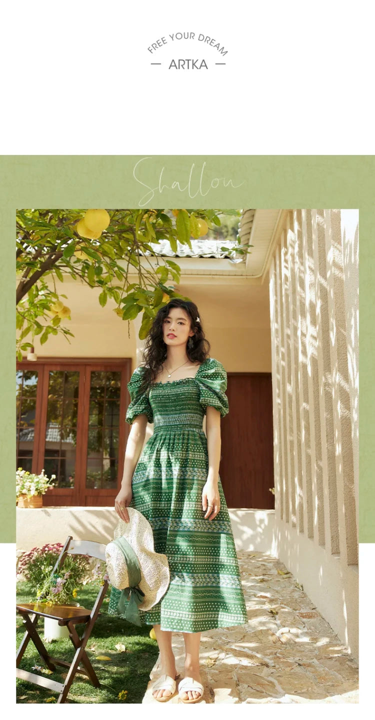 ARTKA 2023 Summer New Women Dress Vintage Print Green Square Collar Dresses Short Puff Sleeve A-line Long Dress Female LA92038X