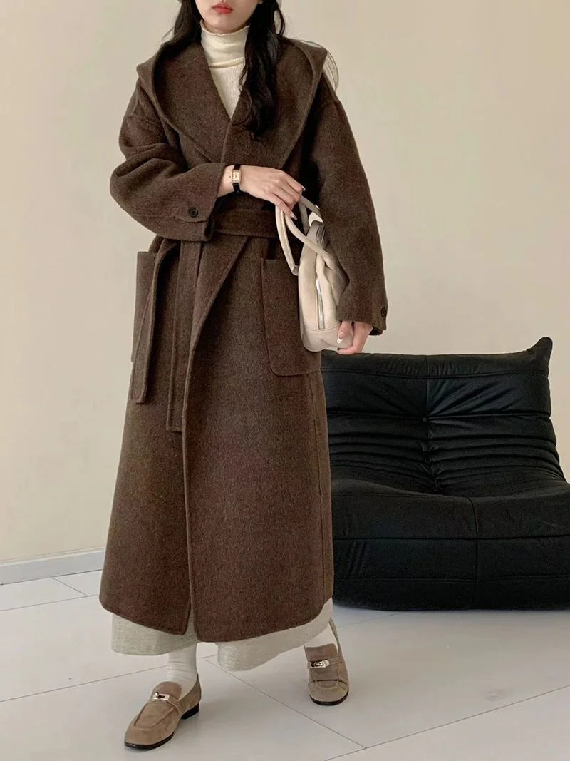 Wool Beige Pocket Belted Long Woolen Coat New Hooded Long Sleeve Women Jacket Fashion Tide Autumn Winter 2025 New