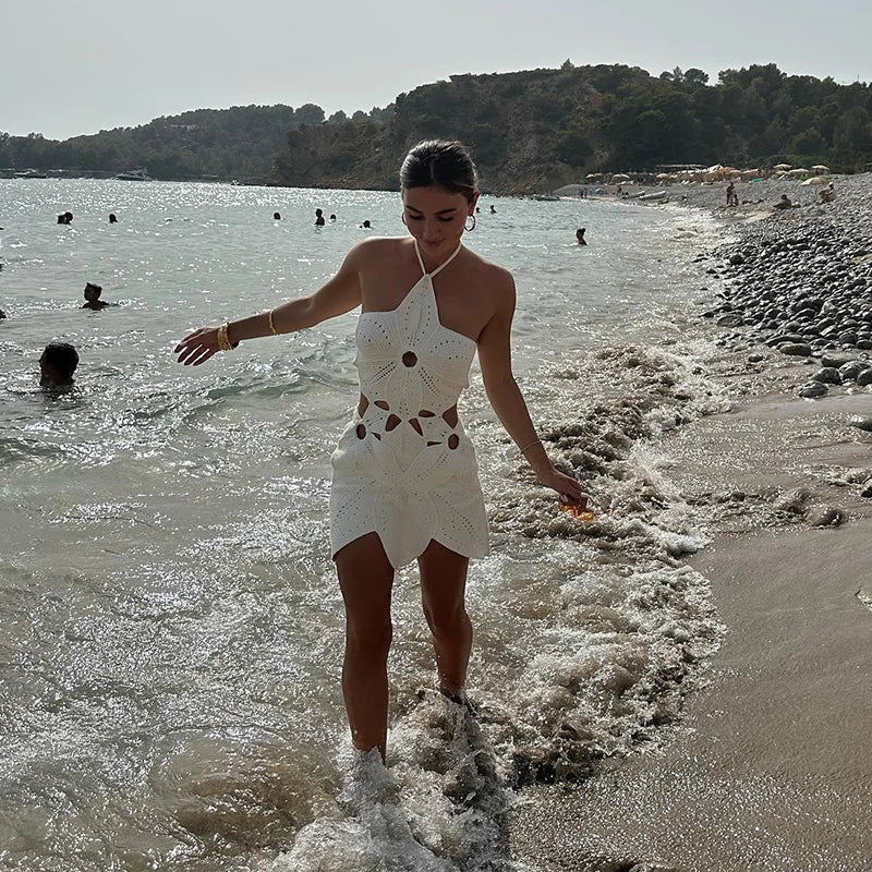 Hollow Out Halter Women Dress Sexy Backless Solid Mini Beach Dress Knitted Irregelar Petaling Short Dresses Female Slim Dress