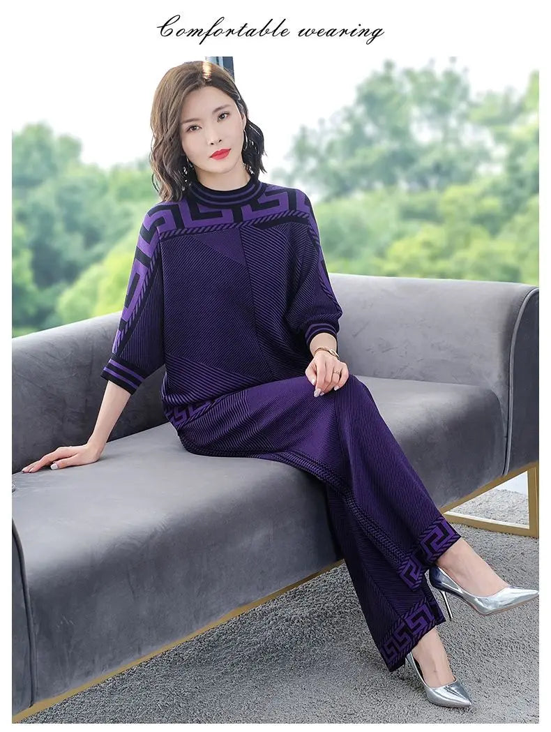 Two piece Women's Knitwear Casual Sets 2025 Spring Autumn New Loose Fashion Temperament Pullover Tops+Wide leg Pants Female