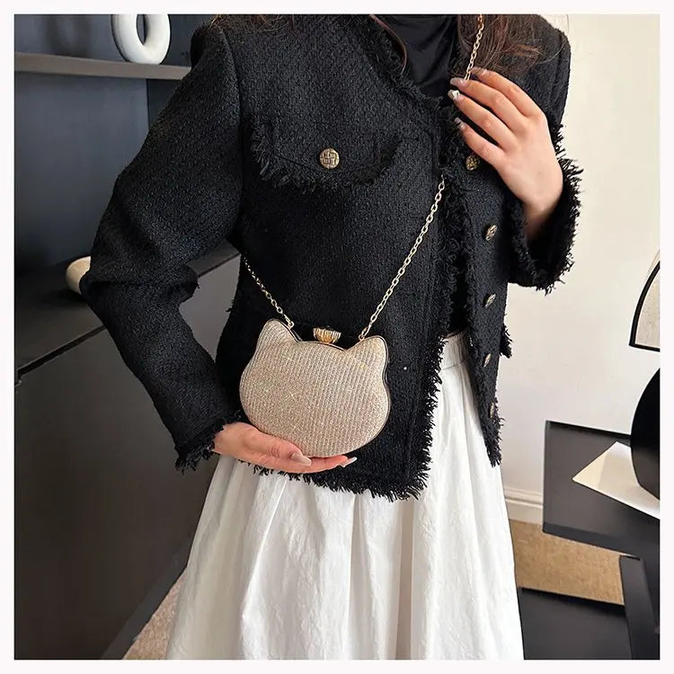 Fashion Ladies Clutch Bag Small Cat Shoulder Handbags Female Party Wedding Shine Evening Bag For Women Diamond Phone Chain Purse