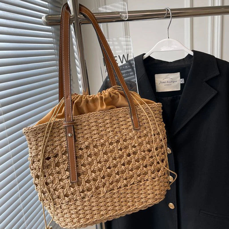 Summer Woven Straw Bucket Bag For Women Travel Beach Bags Large Capacity Armpit Bags Bohemia Knitted Shopping Totes Bolsa sac