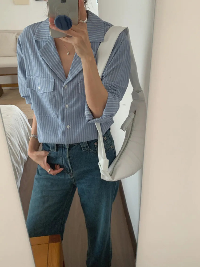 Chic Autumnal Vintage Loose Fit Long Sve Blue Striped irt Women's Faion Versatile Double ket Suit Collar Outfit