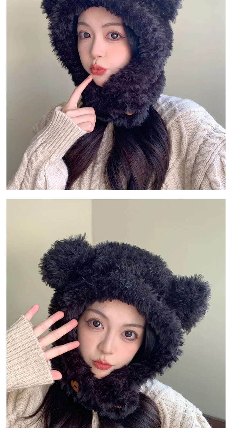 Plush bear ear hat woman winter thick cold lovely windproof neck protector scarf neck integrated hat