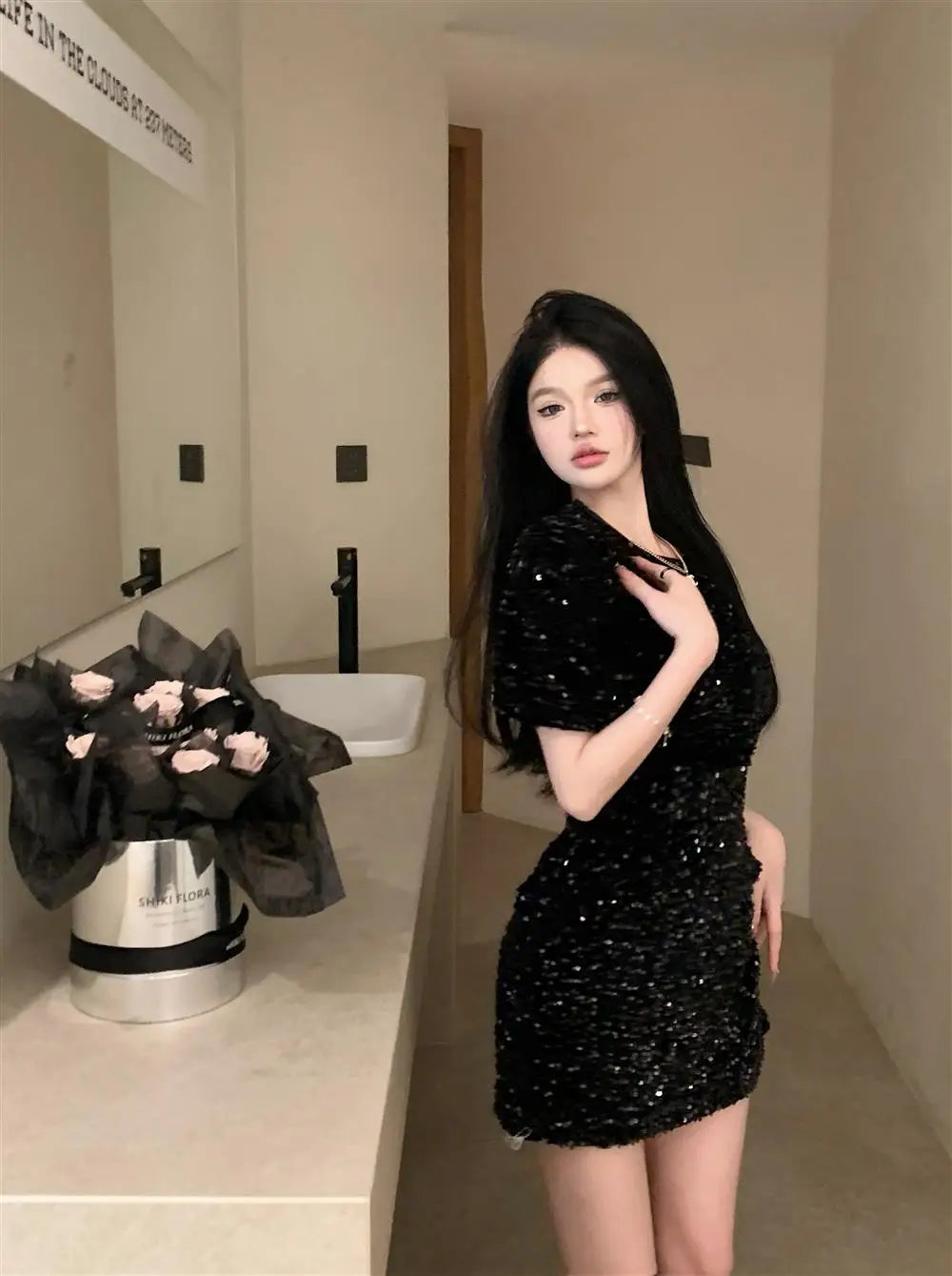 Korejpaa Sexy Dress Women Korean Style Backless Black Dresses Spring Summer Sequin Short Sleeve Slim Waist Vestidos Femme