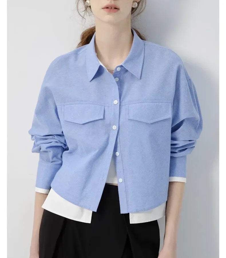 Blue Long Sleeve Women's Shirt Short Style College Style Fake Two-Piece Spring Autumn New Arrival Polo Collar Button up Top