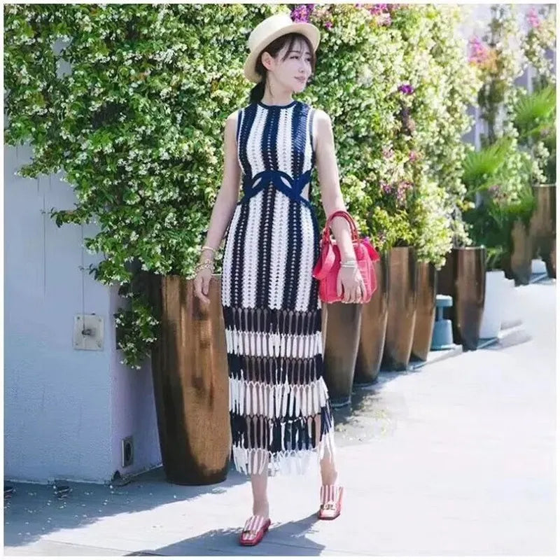 HANZANGL Women Dresses Knitted tank dress white blue patchwork striped tassel crochet casual beach Dress high quality