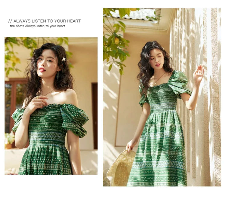 ARTKA 2023 Summer New Women Dress Vintage Print Green Square Collar Dresses Short Puff Sleeve A-line Long Dress Female LA92038X