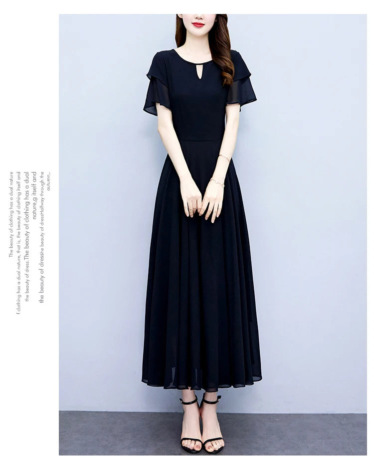 2024 Black Chic Ruffled Short Sleeve Midi Vestidos Women Vintage Hepburn Prom Long Robe Summer Solid Elegant Bodycon Party Dress