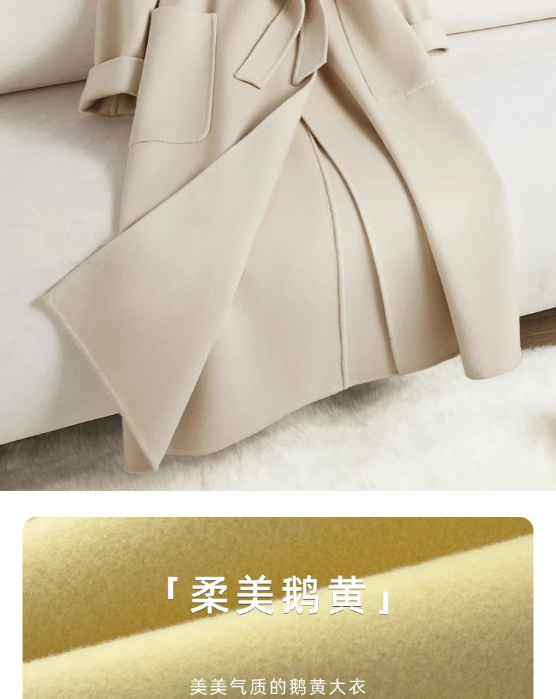 White Belt Double-sided Cashmere Coat Women's 2024 New Fashion Temperament Winter Slim Wool Coat Solid Female Long Windbreaker