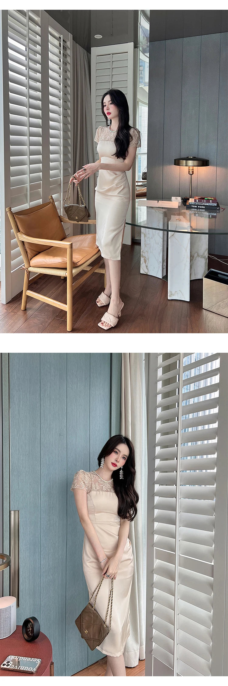 Summer Women Midi Dress Elegant Sheer Lace Satin Panel Shiny Diamond Sequins Pleated Slit Slim Lady Outfit Party Office Vestido