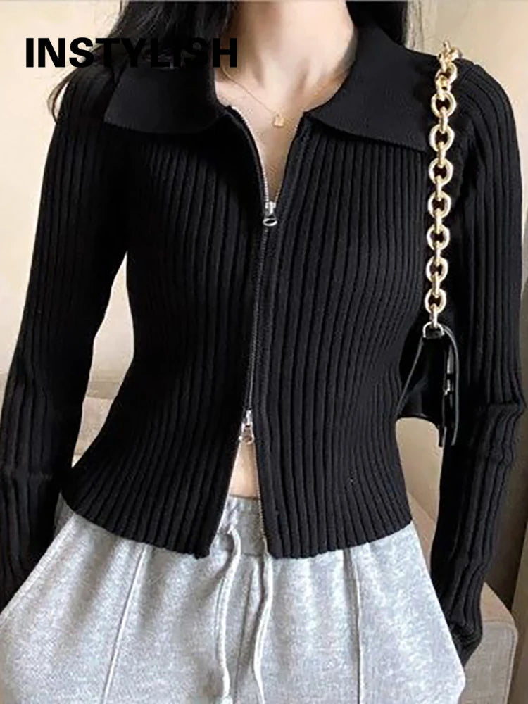 Elegant Korean Knitted Sweater Sexy Lapel Zipper Up Cardigan Women Vintage Harajuku Slim Coat Casual Ribbed Knit Cropped Tops