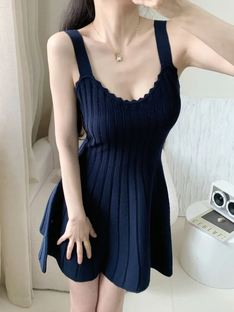 Neploe Fashion Square Collar Knitted Camisole Dresses Sexy Slim Waist Vest Dress for Women 204 Summer New Black Vestidos Mujer