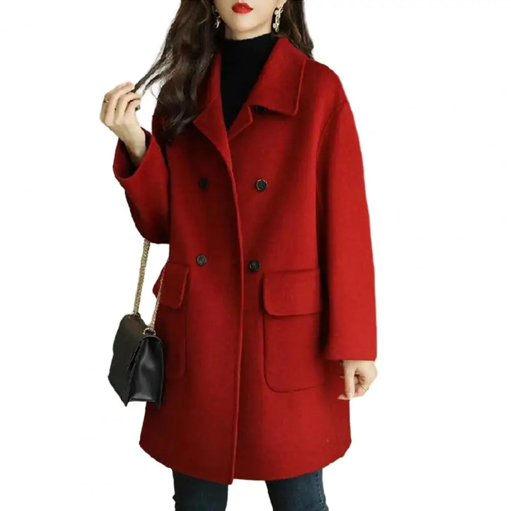 Women Woolen Coat Mid-length Thermal Coat Stylish Women's Mid-length Woolen Coat Lapel Double Breasted Flap for Autumn/winter
