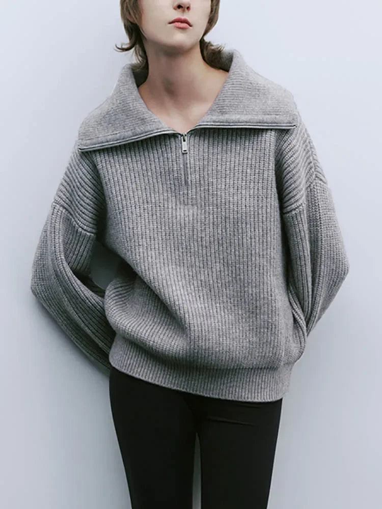 Women's Winter Sweaters Solid Grey Ladies Turtleneck Casual Loose Thick Zippers Pullovers Beautiful Oversized Sweater Women