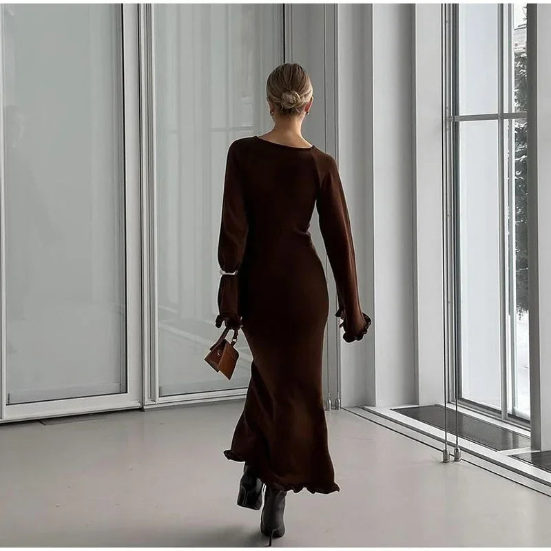 Elegant Roll Edge Party Dress For Women Long Sleeve O Neck Slim Flare Sleeve Long Robes 2025 New Lady High Street Evening Gown