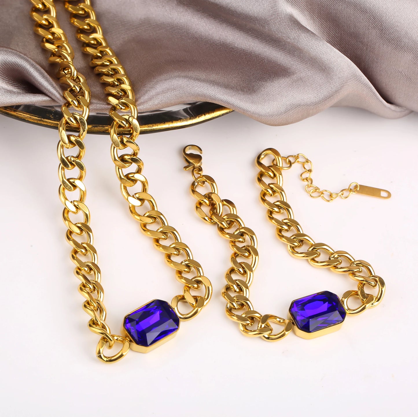 Personalized Rectangle Colorful Crystal Six-Sided Polished Cuban Chain Necklace Bracelet Set For Woman Stainless Steel Jewelry