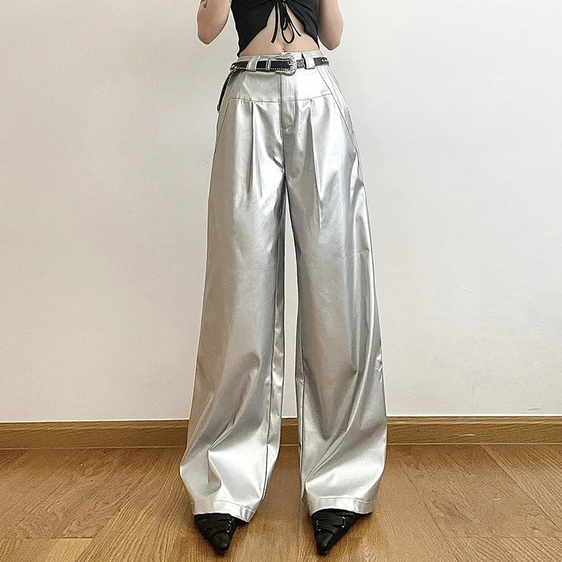 Silver Retro Matte Trendy Personalized All-match Casual High Street Cool Confident Casual Women's Autumn Wide Leg Pants