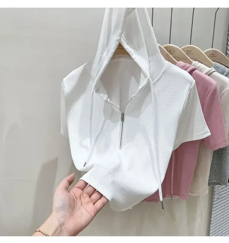 Hoodedslims Women's Double Zip Short Sleeve T-Shirt Cropped Top Sensible Design Polyester Fiber Summer 2025 New Arrival Jacket
