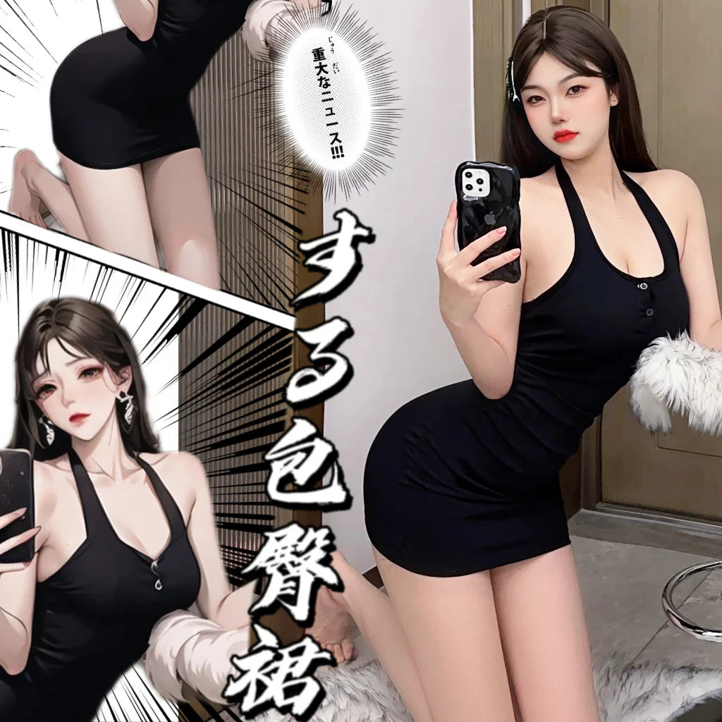 Sexy WOMENGAGA New Halter Neck Strap Summer Beach Mini Dress Elegant Streetwear Tops Frocks Korean Style Cute Girl Sweet 295C