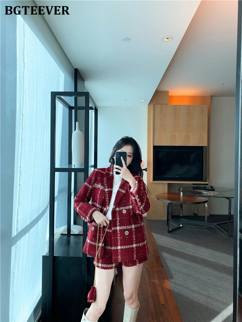 BGTEEVER Winter Thicken Warm Ladies Plaid Blazer Suits Long Sleeve Double Breasted Suit Jackets & Shorts Women 2 Pieces Set