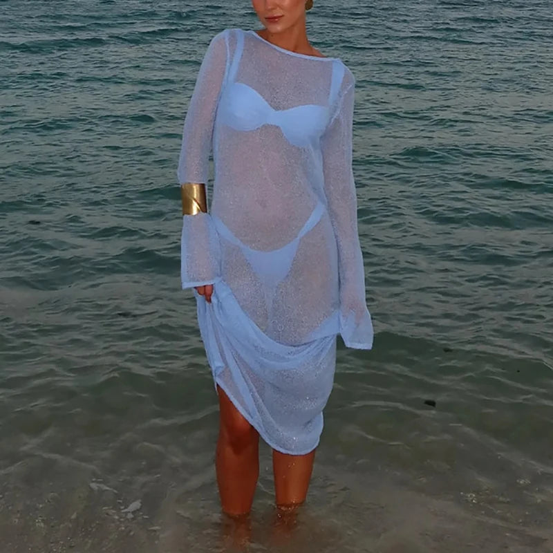 Perspective Sexy Backless Hollow Long Dress 2025 Spring Long Sleeve Knitted Beachwear Dresses Summer O Neck Solid Cover Up Dress