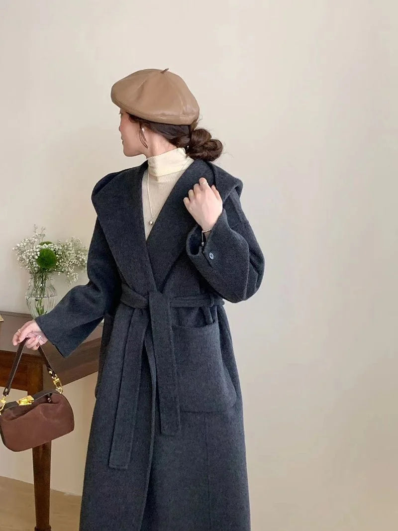 Wool Beige Pocket Belted Long Woolen Coat New Hooded Long Sleeve Women Jacket Fashion Tide Autumn Winter 2025 New