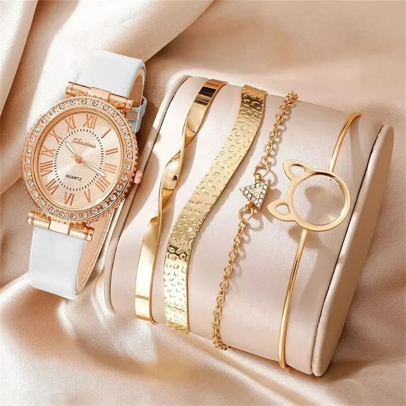 Women's Fashion Quartz Watch Luxury Leather Band Analog WristWatch Ladies Watch Women Dress Bracelet Set Reloj Mujer Clock