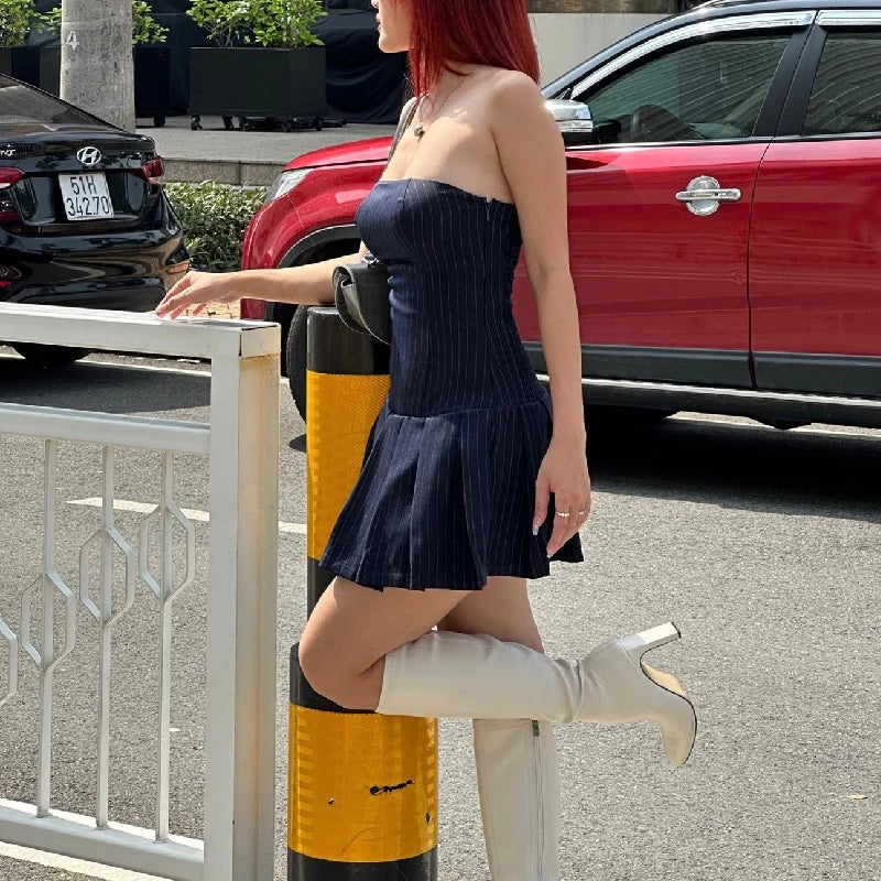 WhereMery Korean Women Fashion A-line Dress Y2K Sleeveless Slash-neck Pleated Stripe Dresses Spring Summer Elegant Slim Vestidos