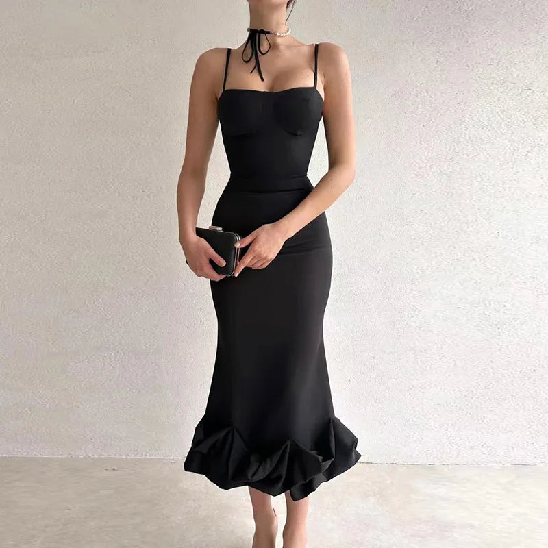 Fashion 2023 Women Ruffle Dresses Elegant Bodycon Off Shoulder Formal Dress Chic Ladies Backless Sleeveless Solid Long Dress