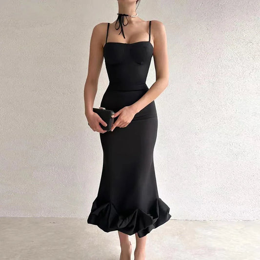 Fashion 2023 Women Ruffle Dresses Elegant Bodycon Off Shoulder Formal Dress Chic Ladies Backless Sleeveless Solid Long Dress