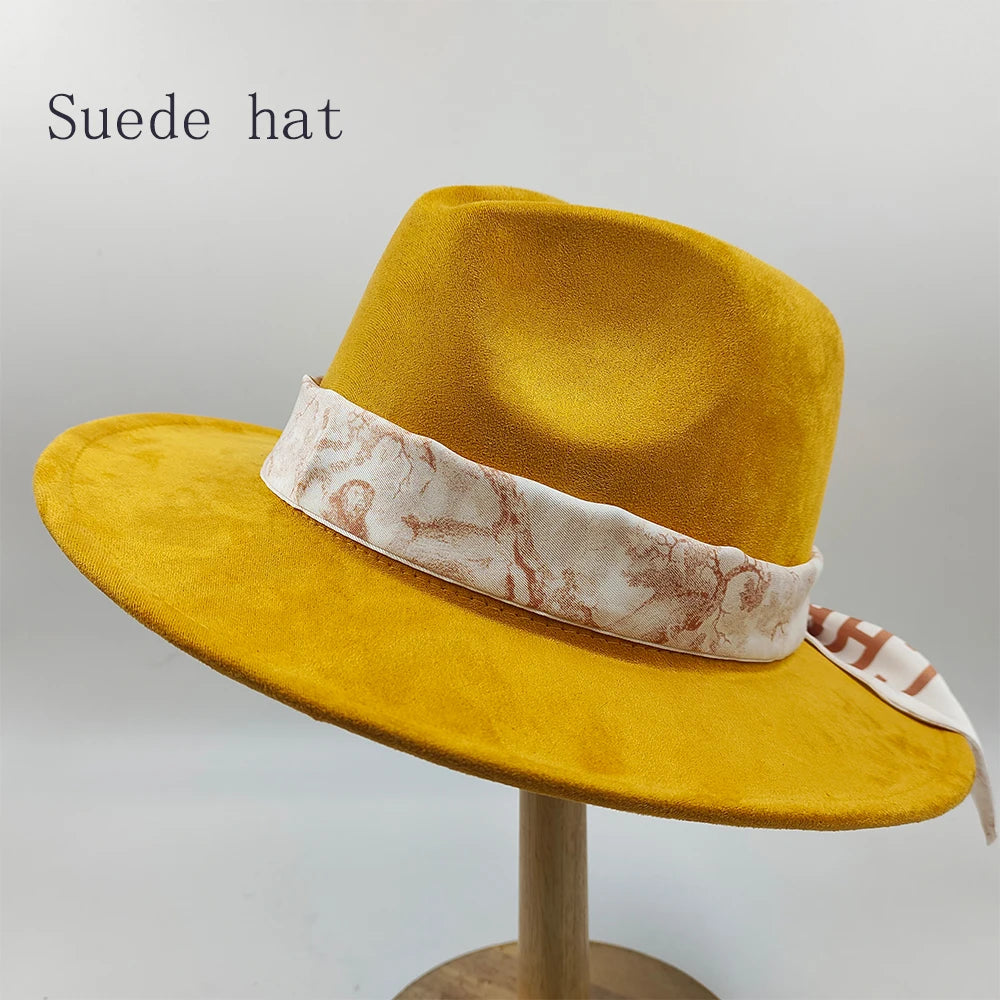 Hand-painted Fedora Hat Men's and Women's Hat Panama Spring Autumn Ribbon Suede Fedora Hat Wide Brim Jazz Cap 2023