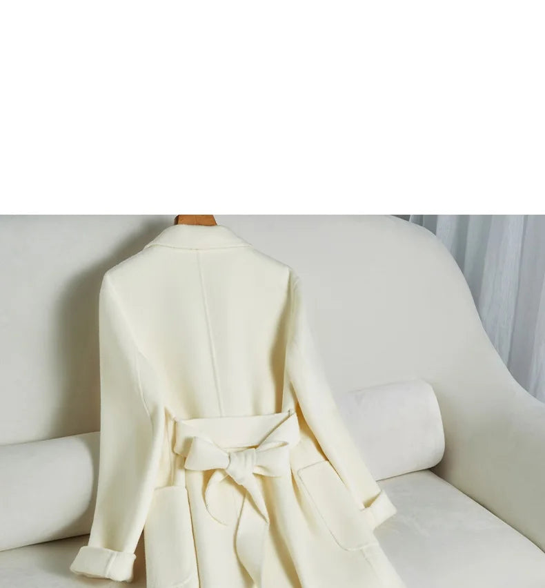 White Belt Double-sided Cashmere Coat Women's 2024 New Fashion Temperament Winter Slim Wool Coat Solid Female Long Windbreaker