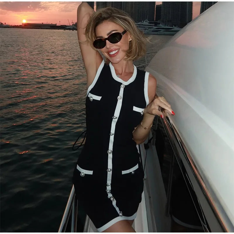 Women Sexy Black Knit Short Pants Suit Elegant Sleeveless Double Pockets Single Breasted Buckle Top 2-piece Set 2025 New Outfits