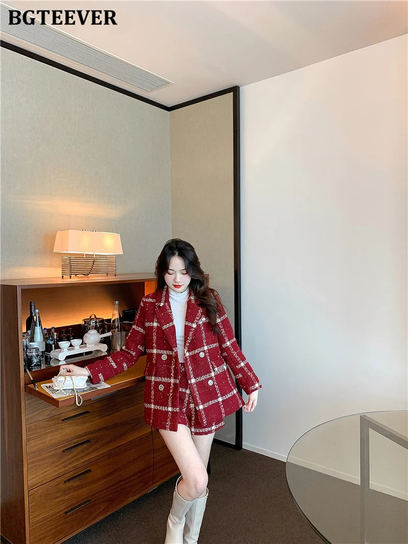 BGTEEVER Winter Thicken Warm Ladies Plaid Blazer Suits Long Sleeve Double Breasted Suit Jackets & Shorts Women 2 Pieces Set