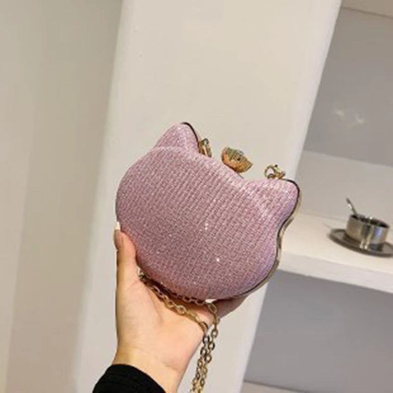 Fashion Ladies Clutch Bag Small Cat Shoulder Handbags Female Party Wedding Shine Evening Bag For Women Diamond Phone Chain Purse