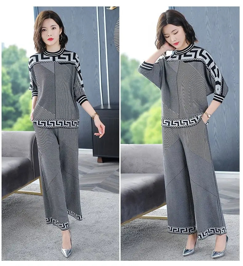 Two piece Women's Knitwear Casual Sets 2025 Spring Autumn New Loose Fashion Temperament Pullover Tops+Wide leg Pants Female