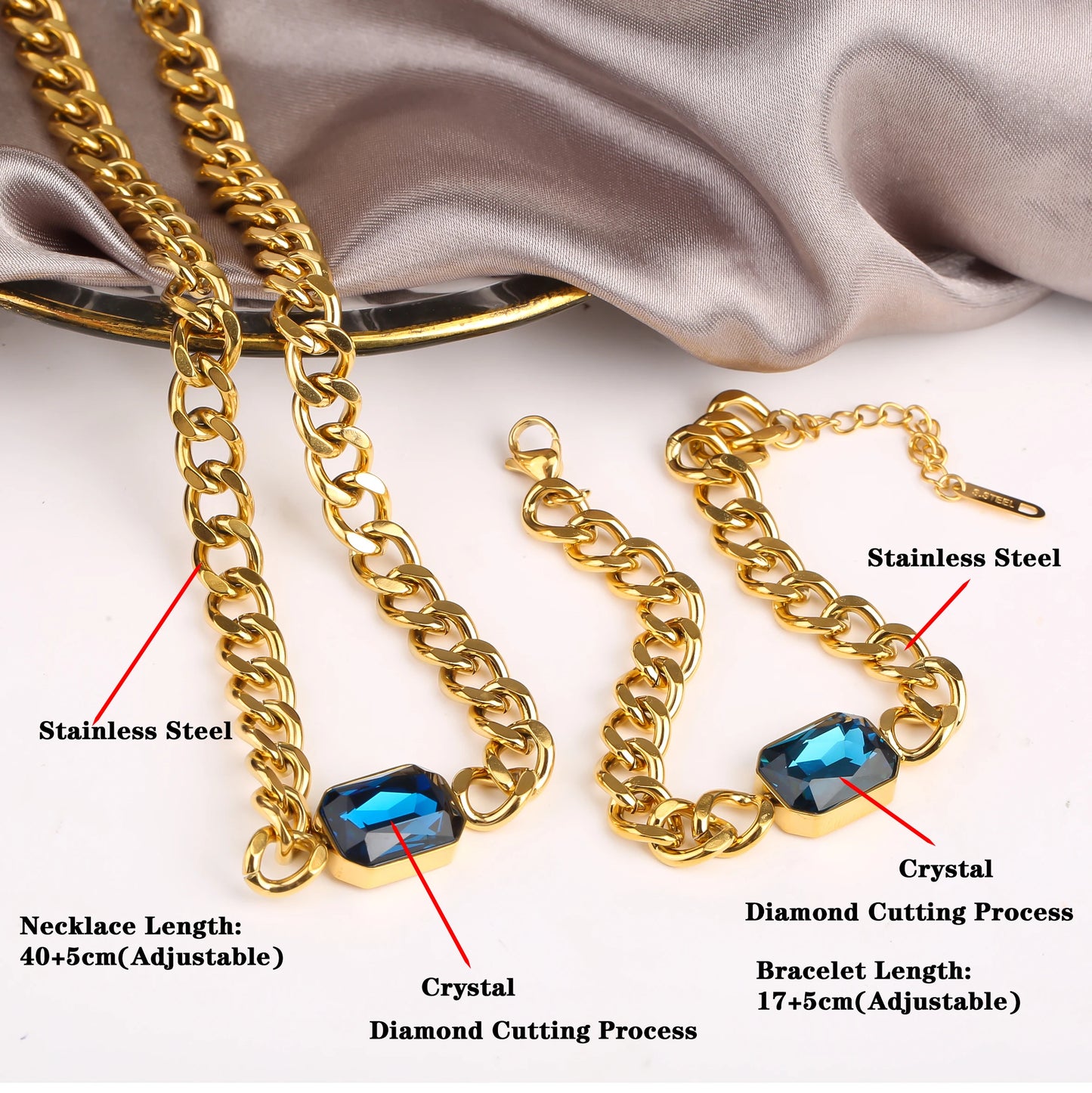 Personalized Rectangle Colorful Crystal Six-Sided Polished Cuban Chain Necklace Bracelet Set For Woman Stainless Steel Jewelry