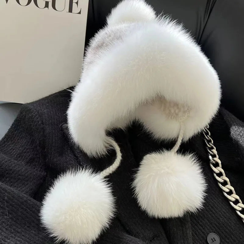 Real Mink Fur Hat For Women Winter Natural Fur Lei Feng Hat With Fox Fur Ball Thicked Ear Protection Hat Female Hand Knitted Hat