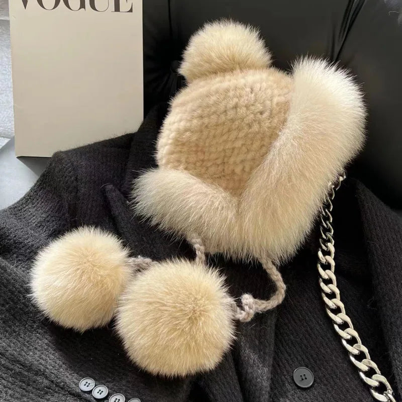 Real Mink Fur Hat For Women Winter Natural Fur Lei Feng Hat With Fox Fur Ball Thicked Ear Protection Hat Female Hand Knitted Hat
