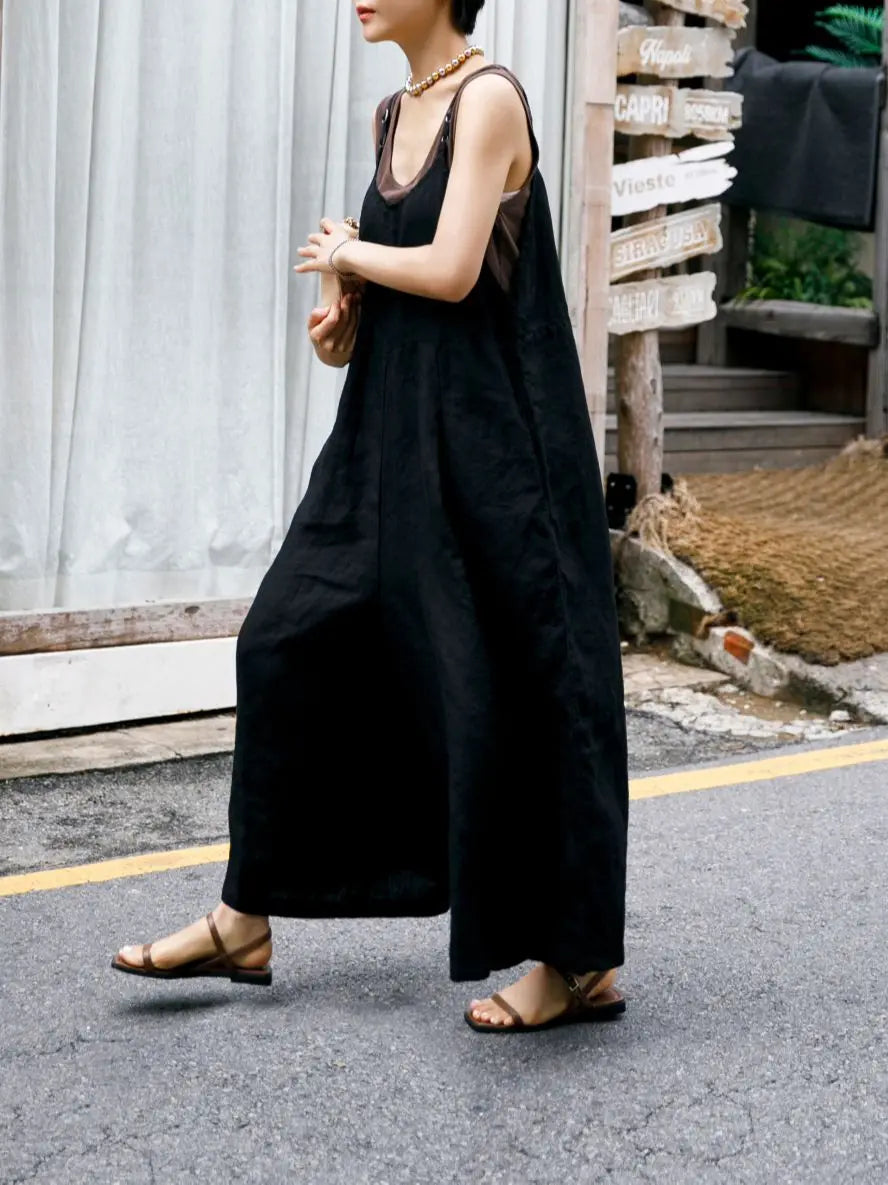 Women's Cotton and Linen Wide leg Jumpsuit Bf Casual Trousers Skirt Strappy Hemp Sling One Piece Pants