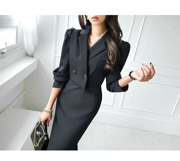 H Han Queen New Fake 2 Pieces Women's Simple Vintage Dress Office Sheath Pencil Dress Elegant Slim Casual Party Vestidos Autumn