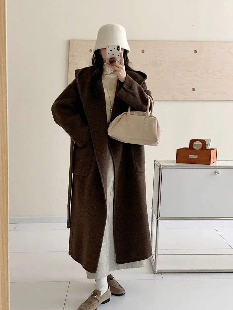 Wool Beige Pocket Belted Long Woolen Coat New Hooded Long Sleeve Women Jacket Fashion Tide Autumn Winter 2025 New