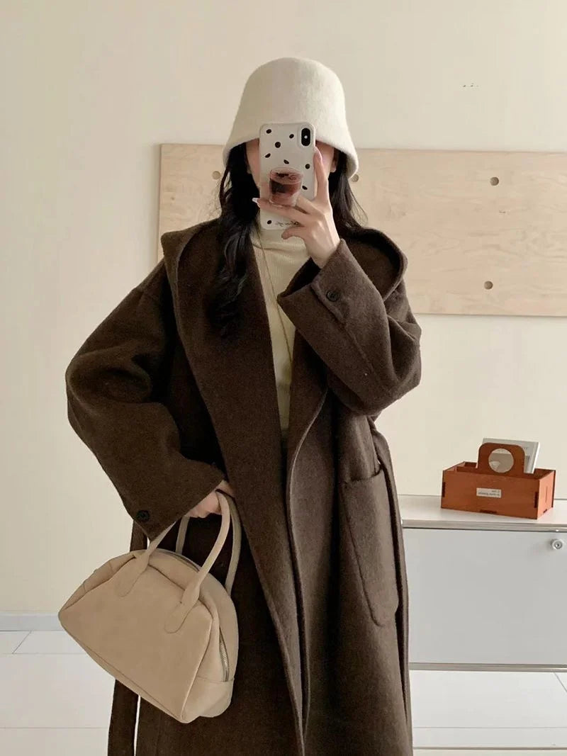Wool Beige Pocket Belted Long Woolen Coat New Hooded Long Sleeve Women Jacket Fashion Tide Autumn Winter 2025 New