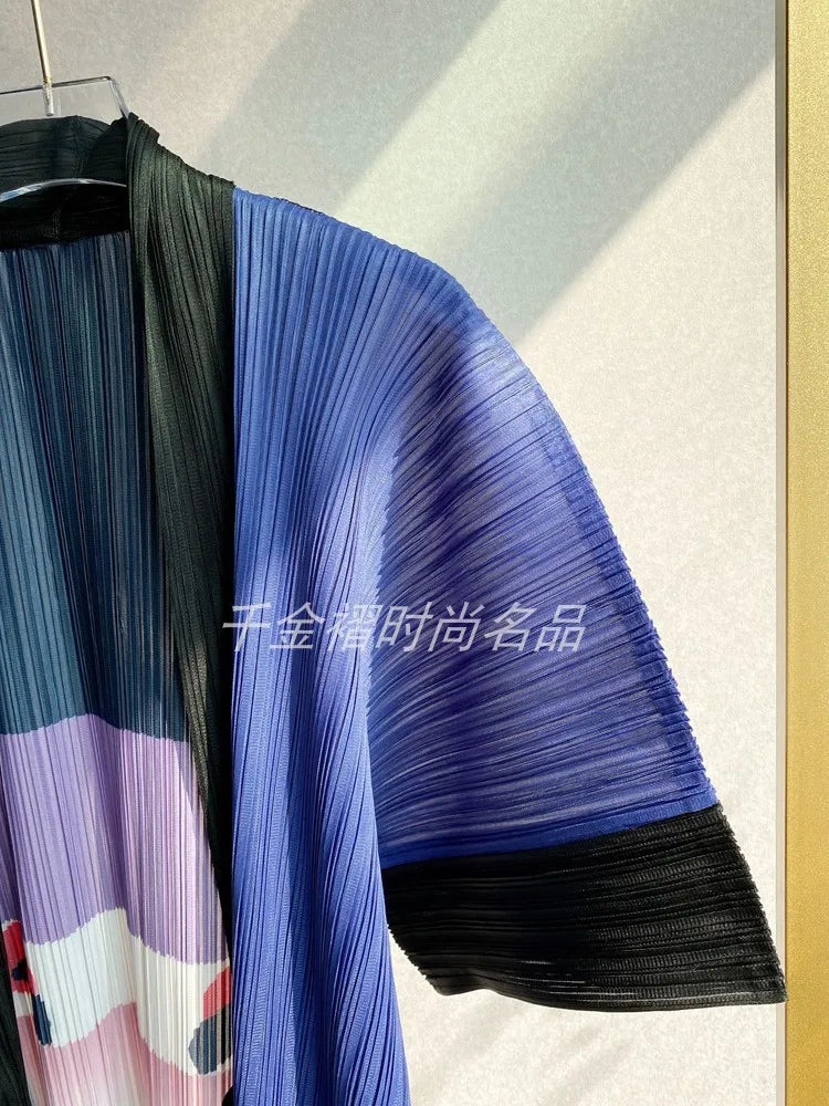 Women Printed Trench Miyake Pleated Fashion Printed Loose Plus Size Japan Style Belt Female Long Coats Tide